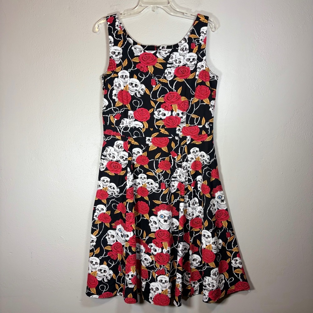 Orchid Bloom Skull and Rose Print Fit and Flare Dress Black Red Rockabilly US 12